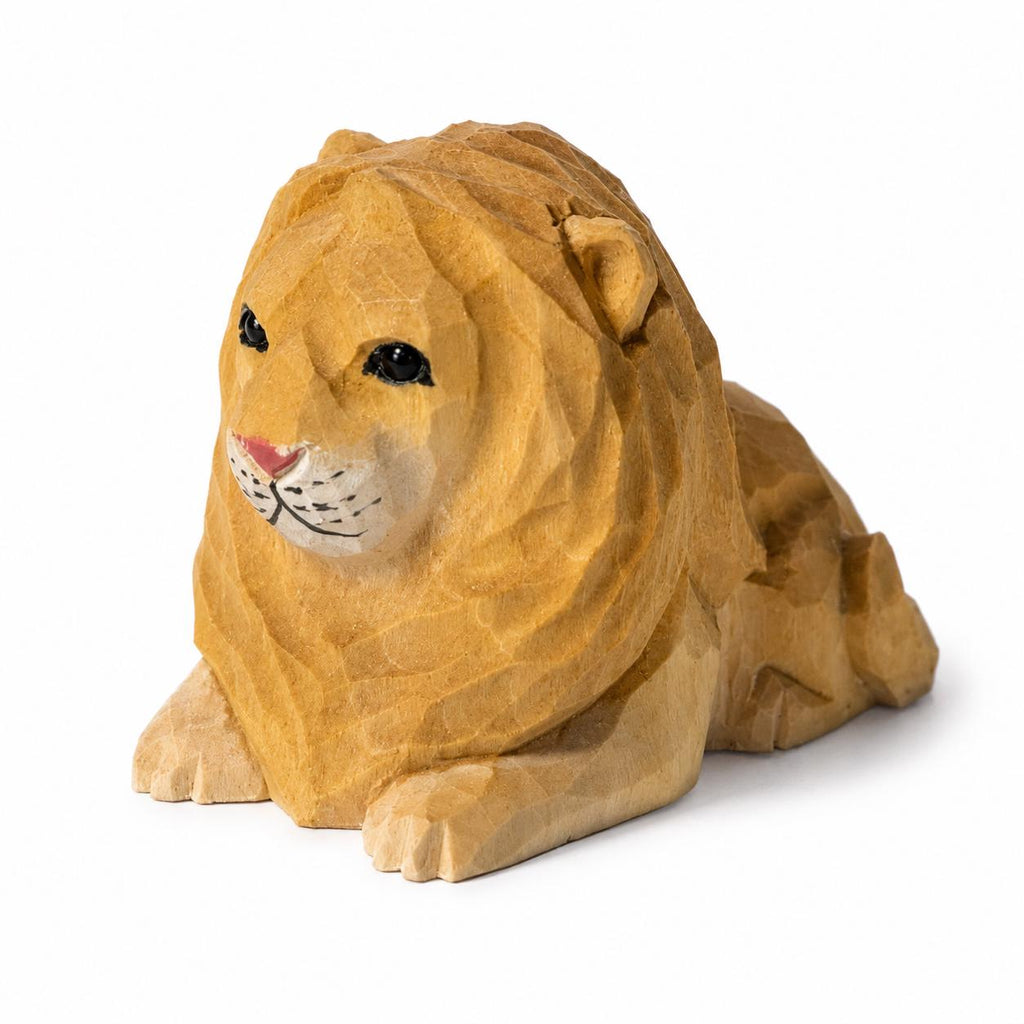 Gentle Wooden Lion Carving, Handmade Safari Animal Figurine, Geometric Wood Art, Unique Nursery Decor, Thoughtful Gift for Lion Lover