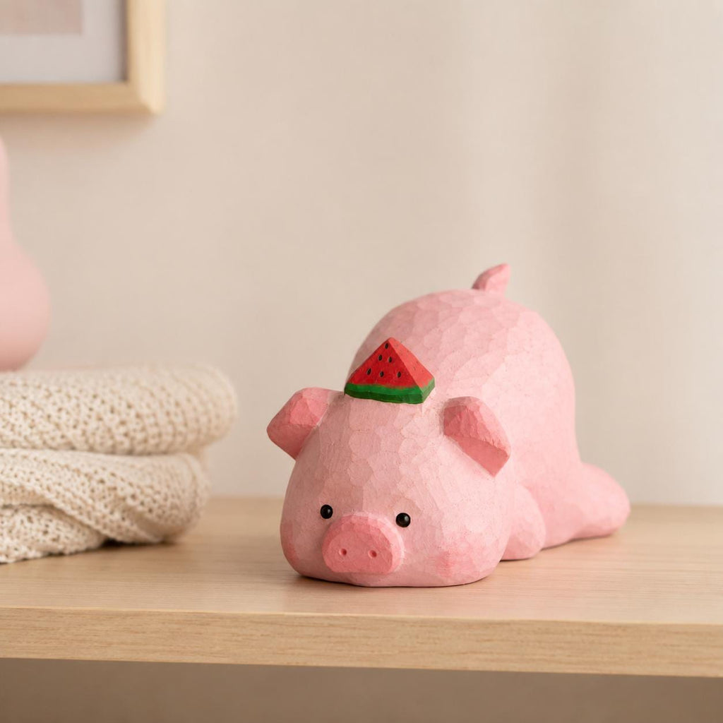 Adorable Wooden Pig Figurine with Watermelon, Hand Carved Animal Decor, Cute Desk Accessory, Unique Gift for Pig Lovers