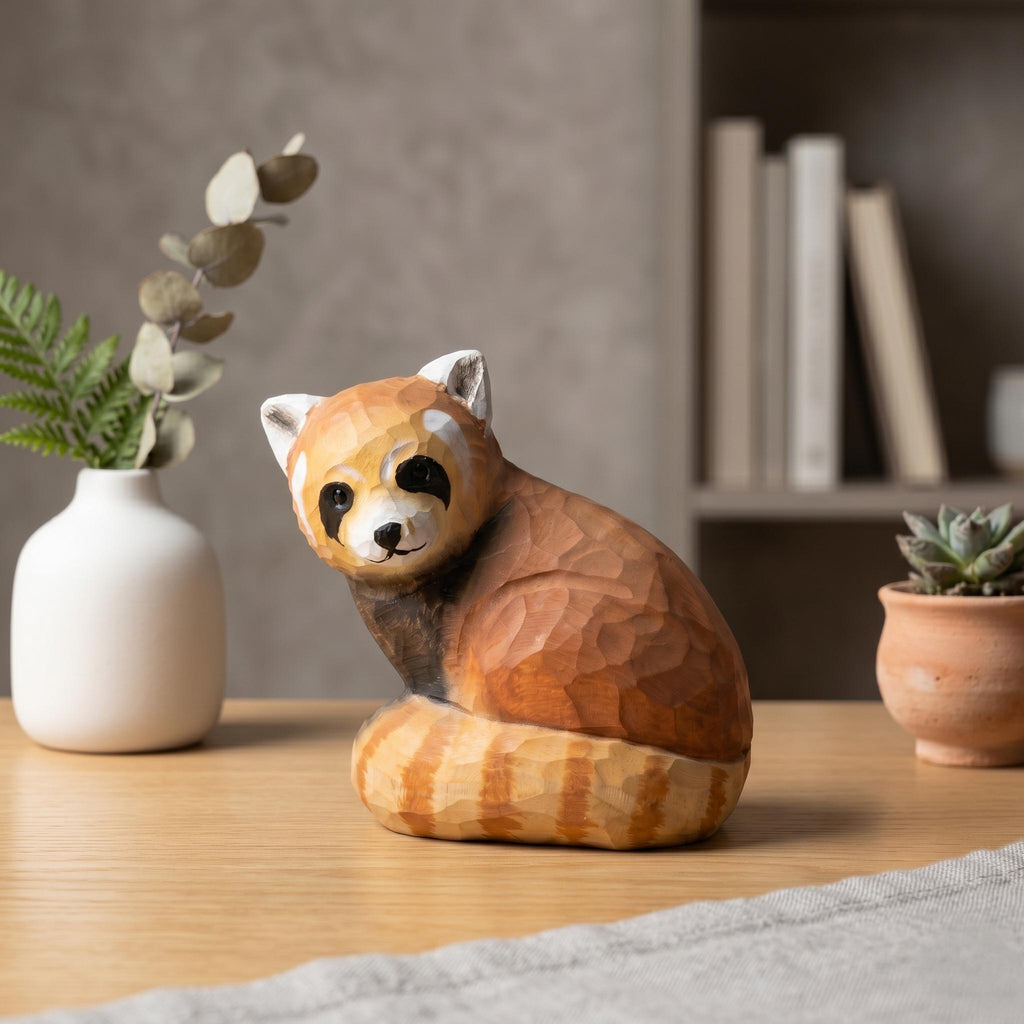 Whimsical Hand Carved Wooden Red Panda Figurine, Rustic Woodland Animal Decor, Cute Red Panda Lover Gift, Unique Wood Art Shelf Sitter