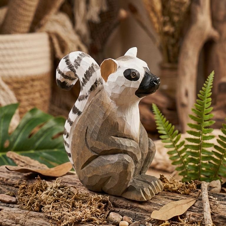 Whimsical Ring-Tailed Lemur Wood Carving | Handmade Wooden Animal Figurine | Safari Nursery Decor | Unique Wildlife Lover Gift
