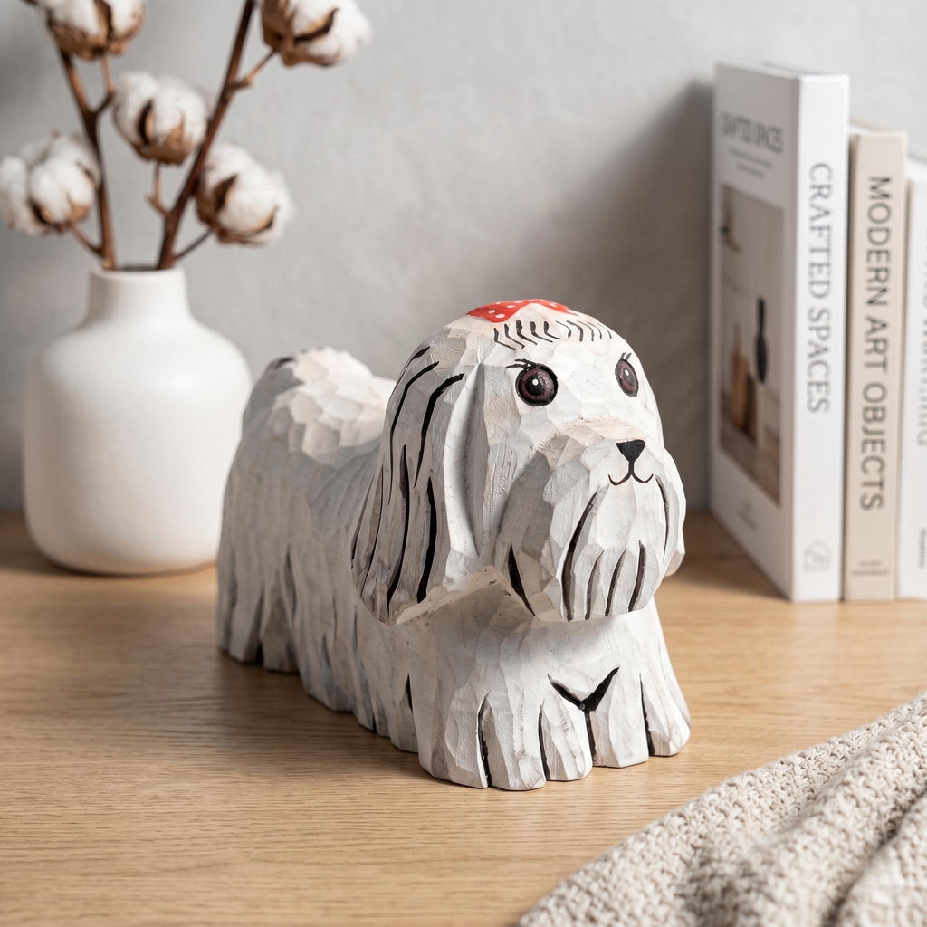 Whimsical Hand-Carved Wooden Dog Figurine White Maltese Shih Tzu Statue Rustic Pet Decor Unique Dog Lover Gift Handmade Animal Art