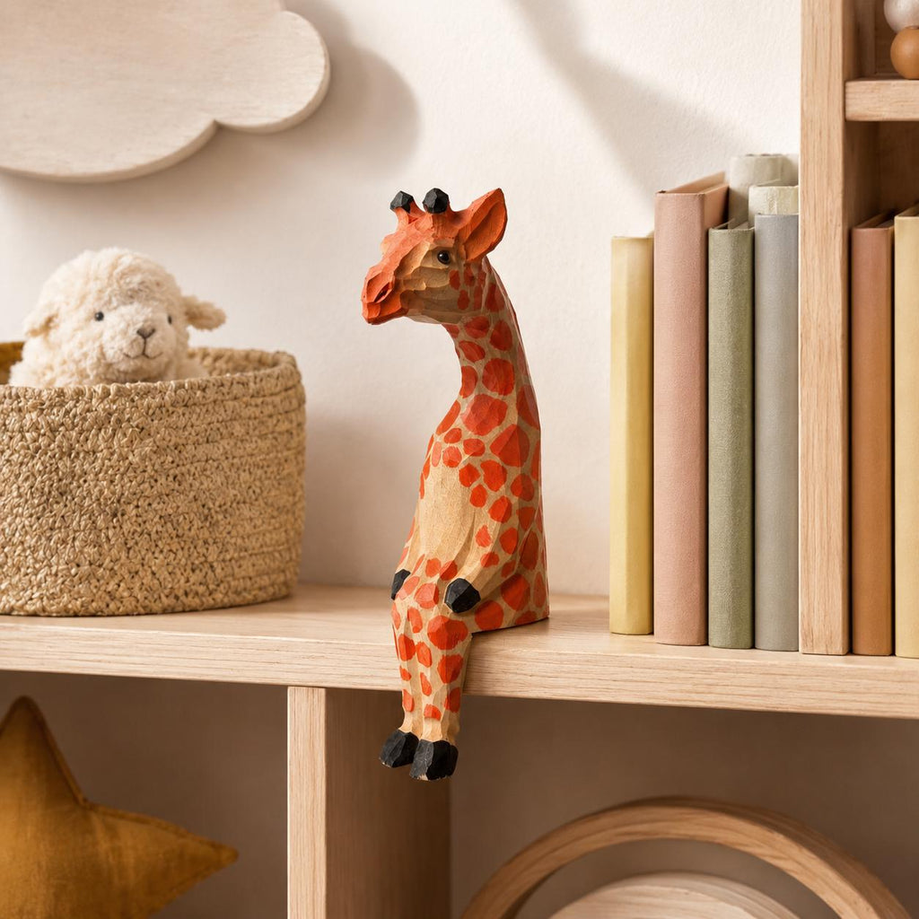 Whimsical Sitting Giraffe Wooden Shelf Sitter Handmade Safari Animal Decor Nursery Art Unique Gift for Animal Lovers