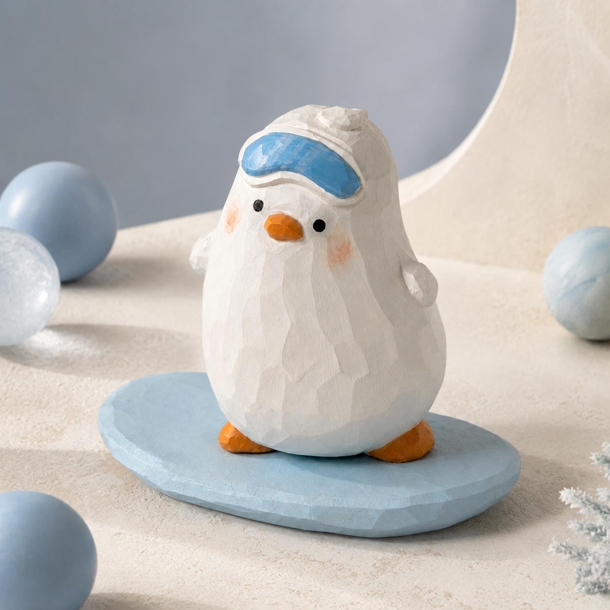 Whimsical Snowboarding Bird Wood Carving, Cute Winter Decor, Hand Carved Penguin Figurine, Ski Lover Gift