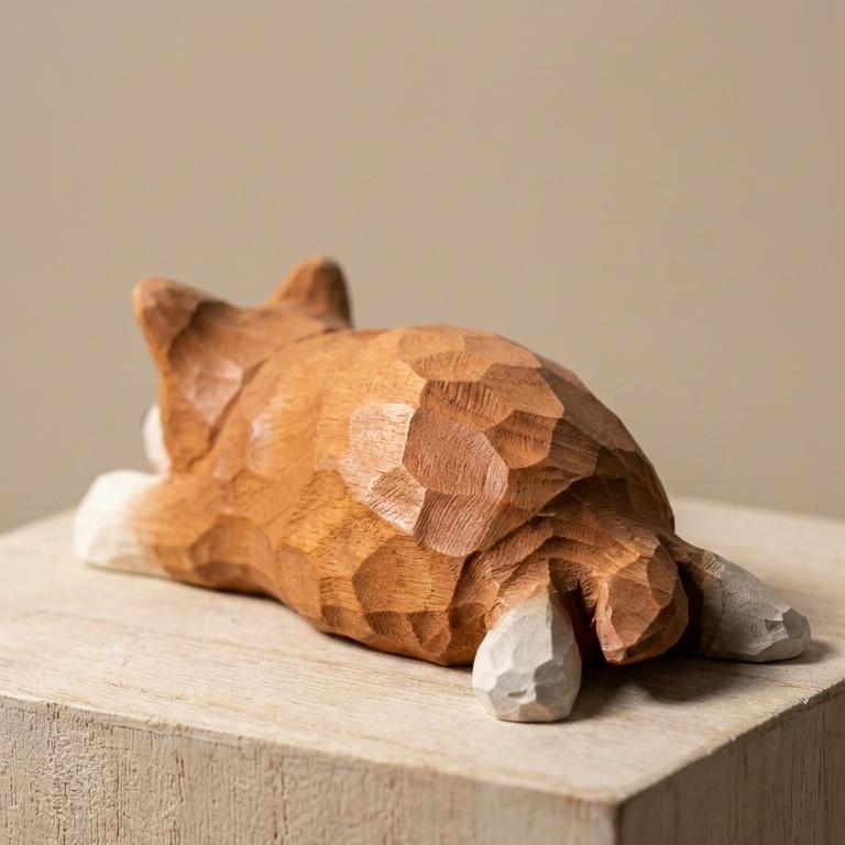 Sleepy Shiba Inu Wood Carving Cute Lying Dog Figurine Handmade Desk Pet Decor Gift for Dog Lovers