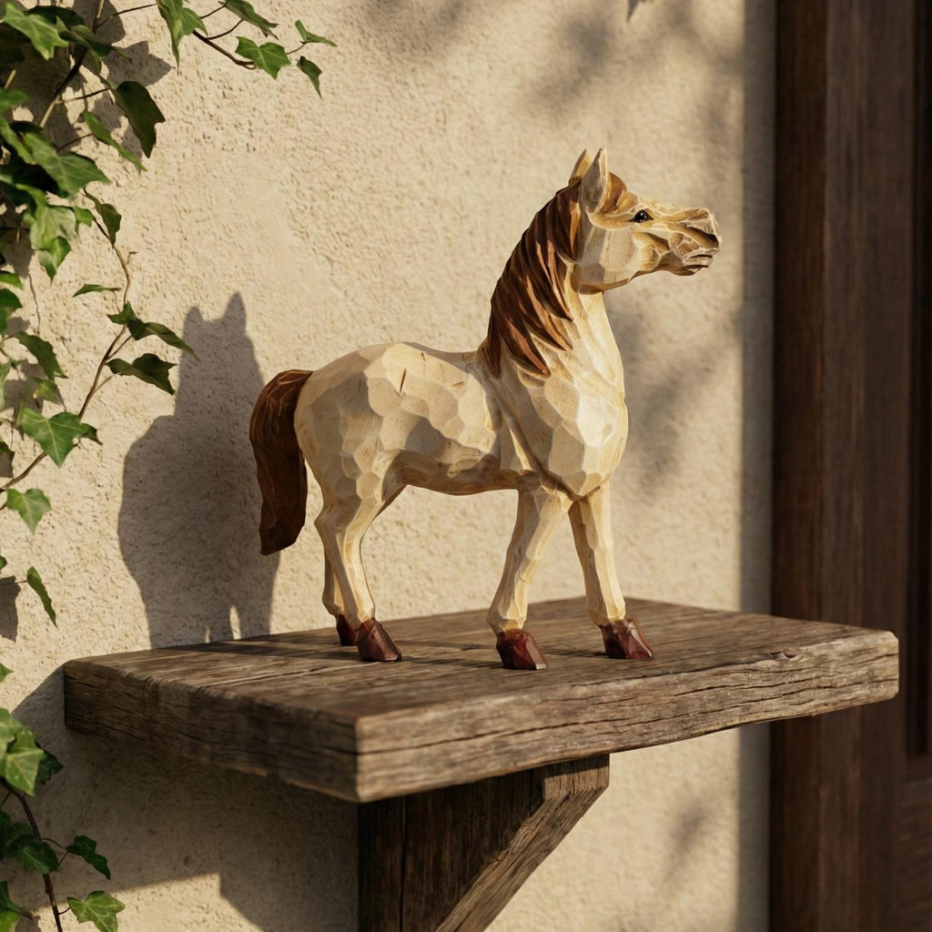 Whimsical Hand-Carved Wooden Horse Figurine, Rustic Equine Statue, Geometric Animal Art, Farmhouse Decor, Horse Lover Gift Idea