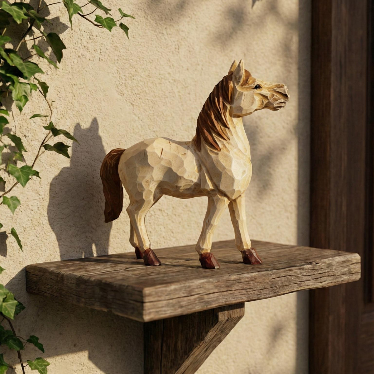 Whimsical Hand-Carved Wooden Horse Figurine, Rustic Equine Statue, Geometric Animal Art, Farmhouse Decor, Horse Lover Gift Idea