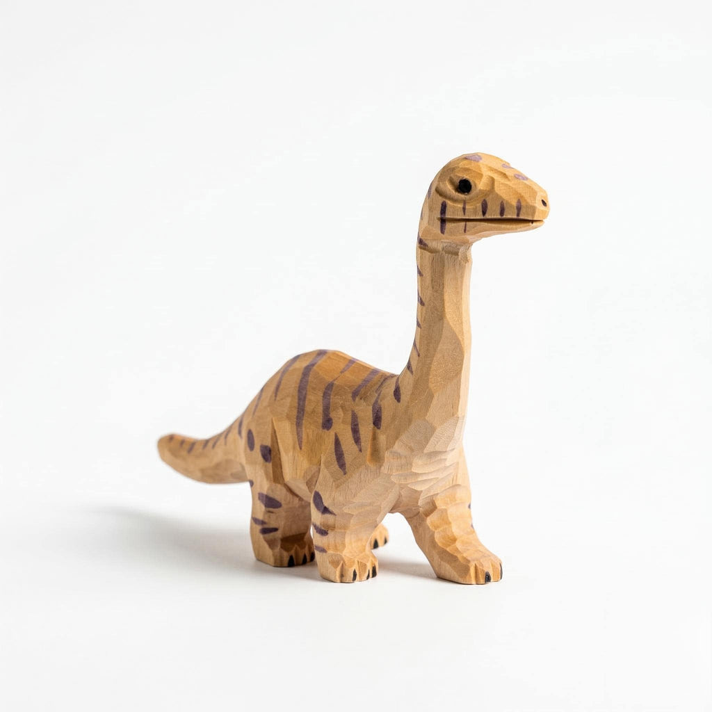 Hand Carved Wooden Brontosaurus Figurine Striped Dinosaur Nursery Decor Whimsical Desk Accessory Unique Birthday Gift for Dino Lover