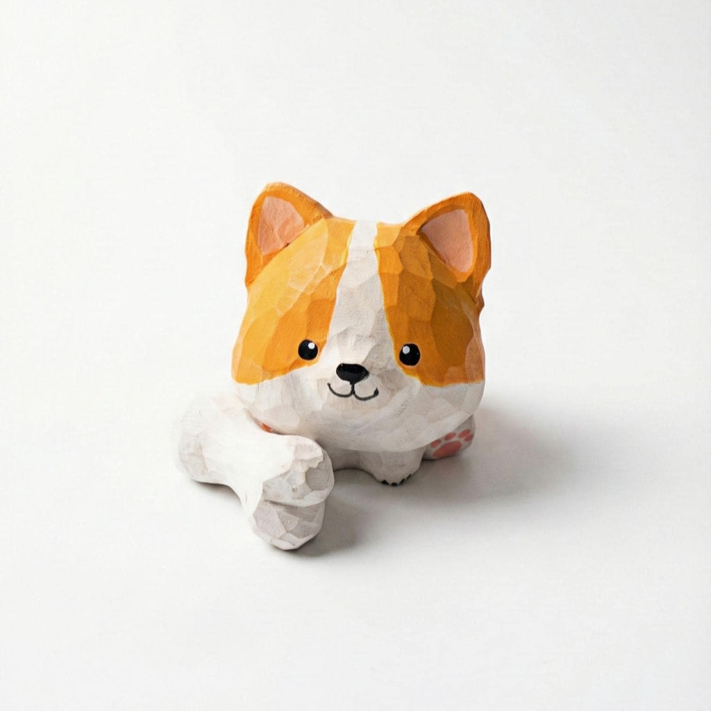 Wooden Corgi Figurine with Bone, Miniature Dog Statue, Whimsical Desk Decor, Corgi Lover Gift
