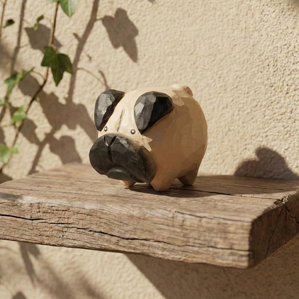 Whimsical Hand Carved Wooden Pug Figurine, Chubby Fawn Pug Statue, Dog Lover Gift, Minimalist Pet Decor, Small Wood Animal Sculpture