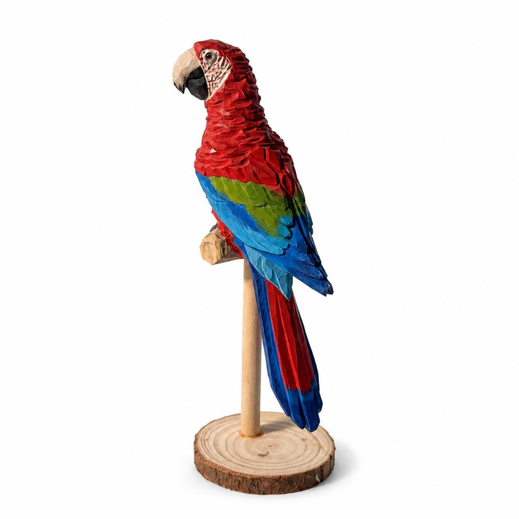Vibrant Scarlet Macaw Wood Carving Tropical Bird Decor Wooden Parrot Figurine Unique Gift for Bird Lover