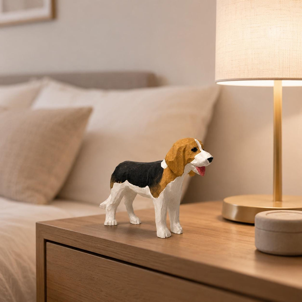 Hand-Carved Wooden Beagle Figurine | Tricolor Hound Dog Sculpture | Whimsical Pet Desk Decor | Dog Mom Gift Idea