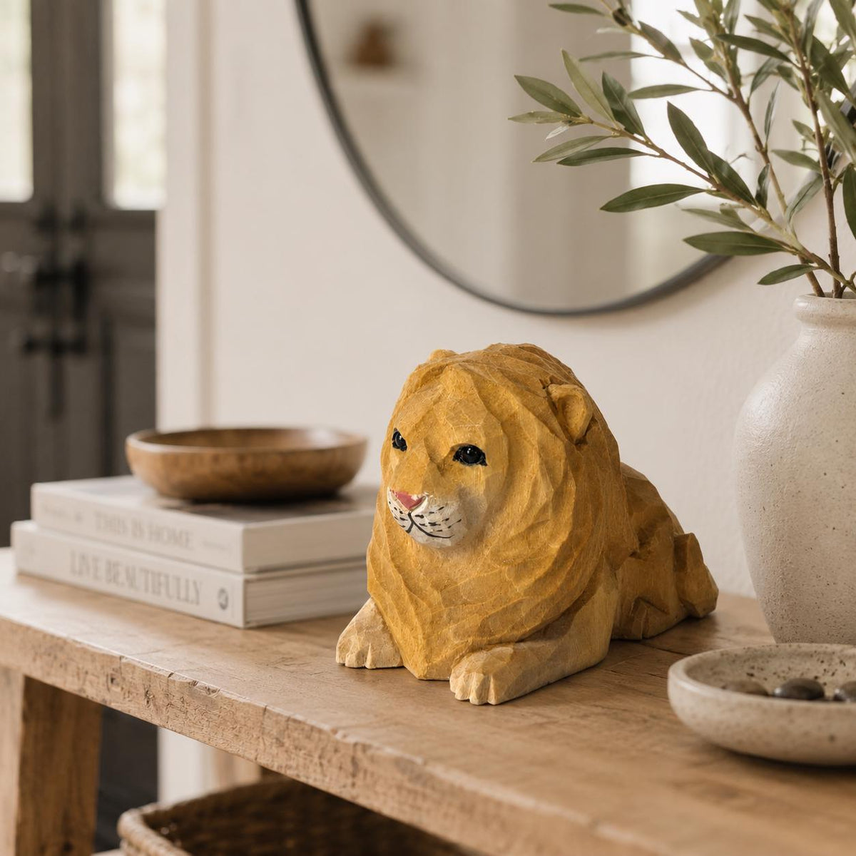 Gentle Wooden Lion Carving, Handmade Safari Animal Figurine, Geometric Wood Art, Unique Nursery Decor, Thoughtful Gift for Lion Lover