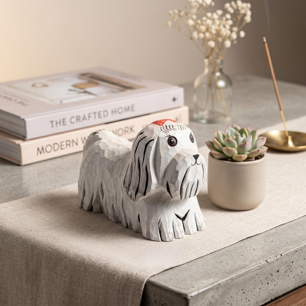 Whimsical Hand-Carved Wooden Dog Figurine White Maltese Shih Tzu Statue Rustic Pet Decor Unique Dog Lover Gift Handmade Animal Art
