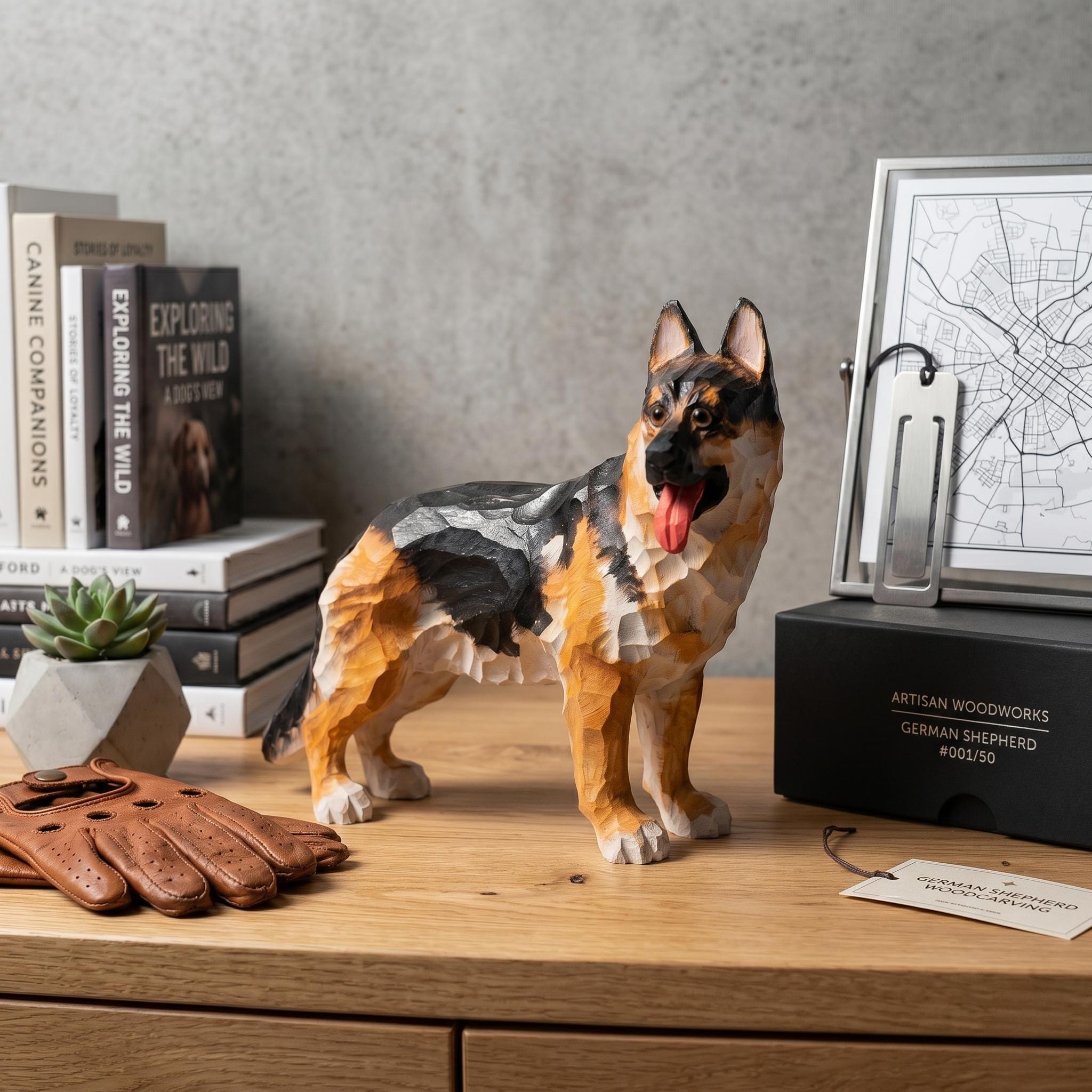 Loyal Hand Carved Wooden German Shepherd Figurine, Rustic Dog Sculpture Pet Memorial Art, Unique Gift for Dog Lover