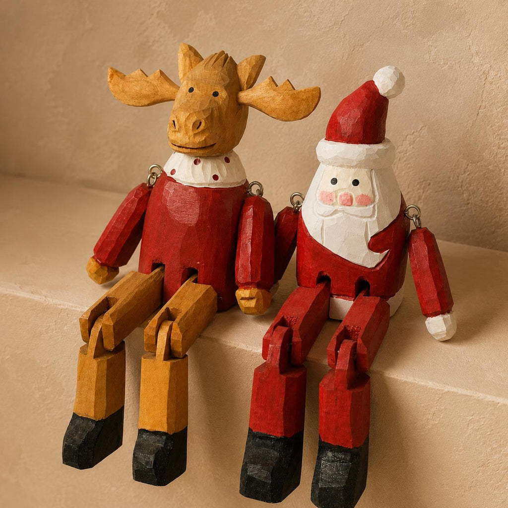 Charming Wooden Santa or Reindeer Shelf Sitter, Articulated Jointed Figure Christmas Decor, Rustic Holiday Gift for Home