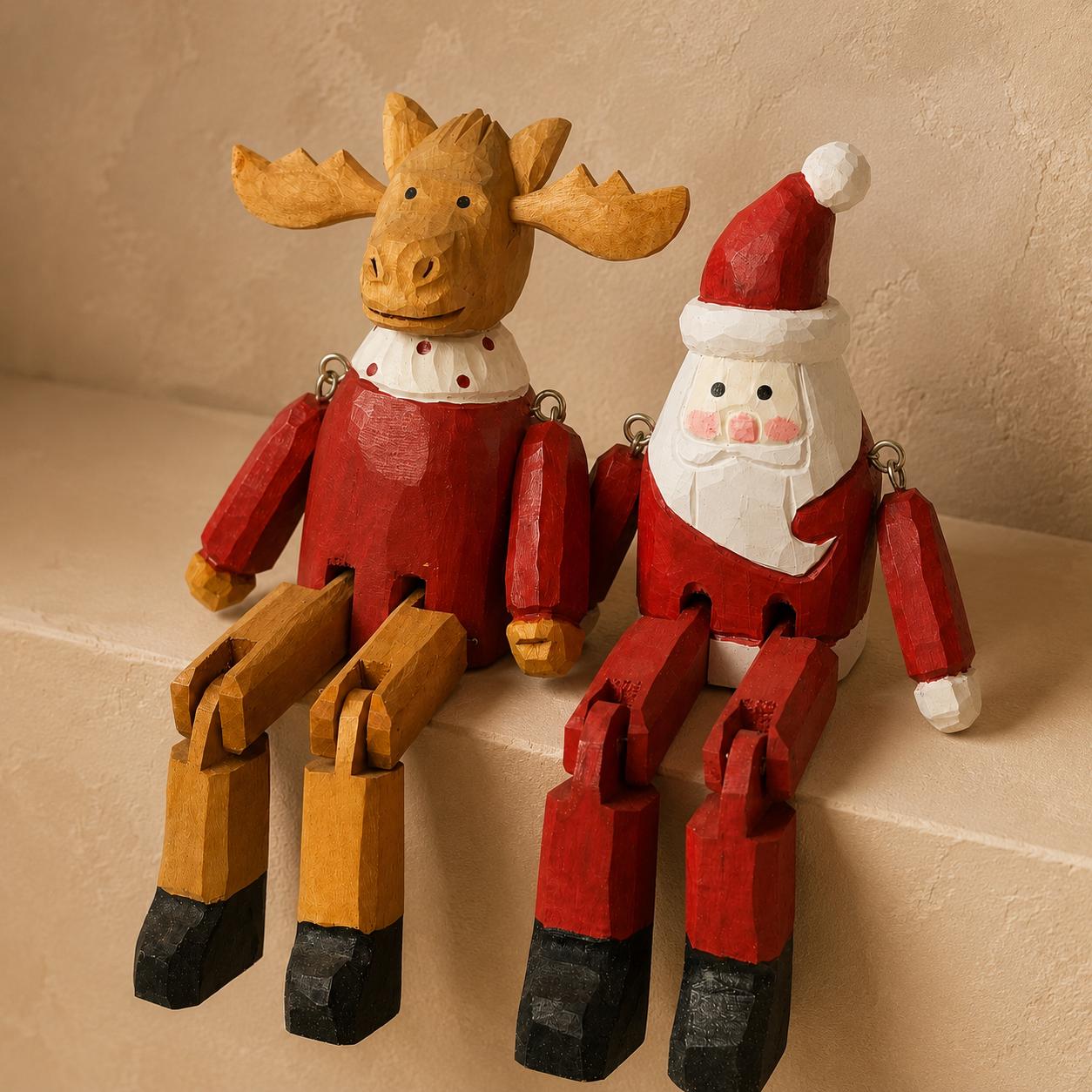Charming Wooden Santa or Reindeer Shelf Sitter, Articulated Jointed Figure Christmas Decor, Rustic Holiday Gift for Home