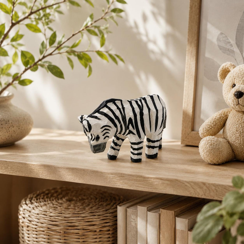 Whimsical Wooden Zebra Hand Carved Animal Figurine Safari Nursery Decor Rustic Wood Carving Wildlife Art Unique Gift for Animal Lover