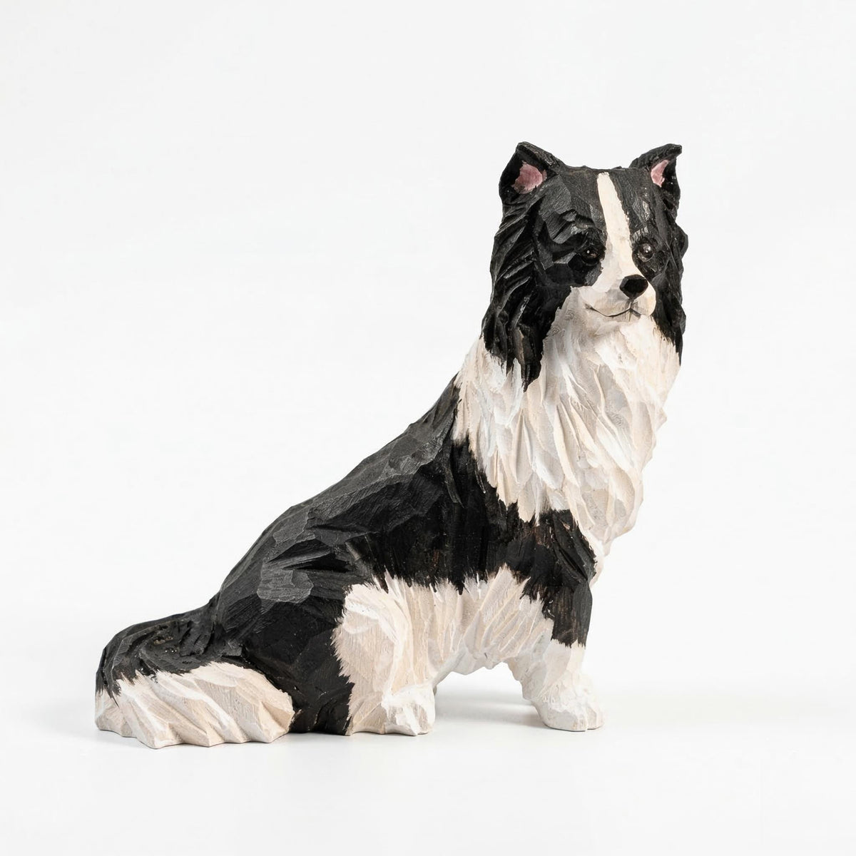 Hand-Carved Wooden Border Collie Figurine, Black and White Dog Sculpture, Rustic Pet Memorial Gift, Dog Lover Home Decor
