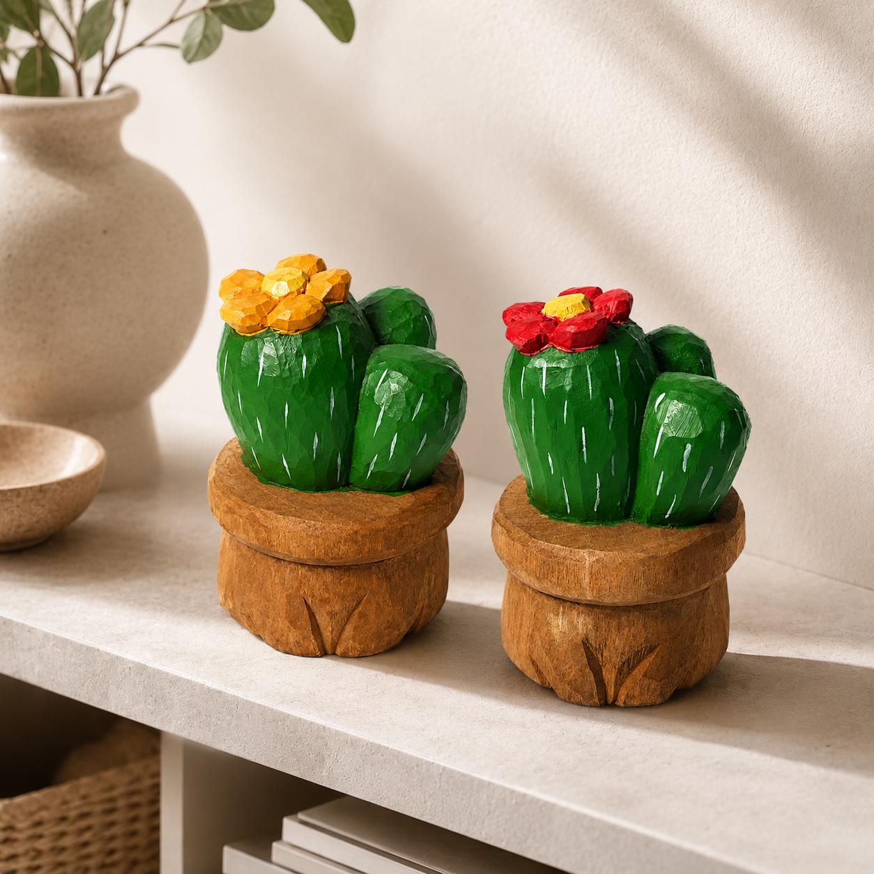 Hand Carved Wooden Cactus in Pot | Painted Succulent Figurine with Flower | Desert Plant Desk Decor | Unique Plant Lover Gift