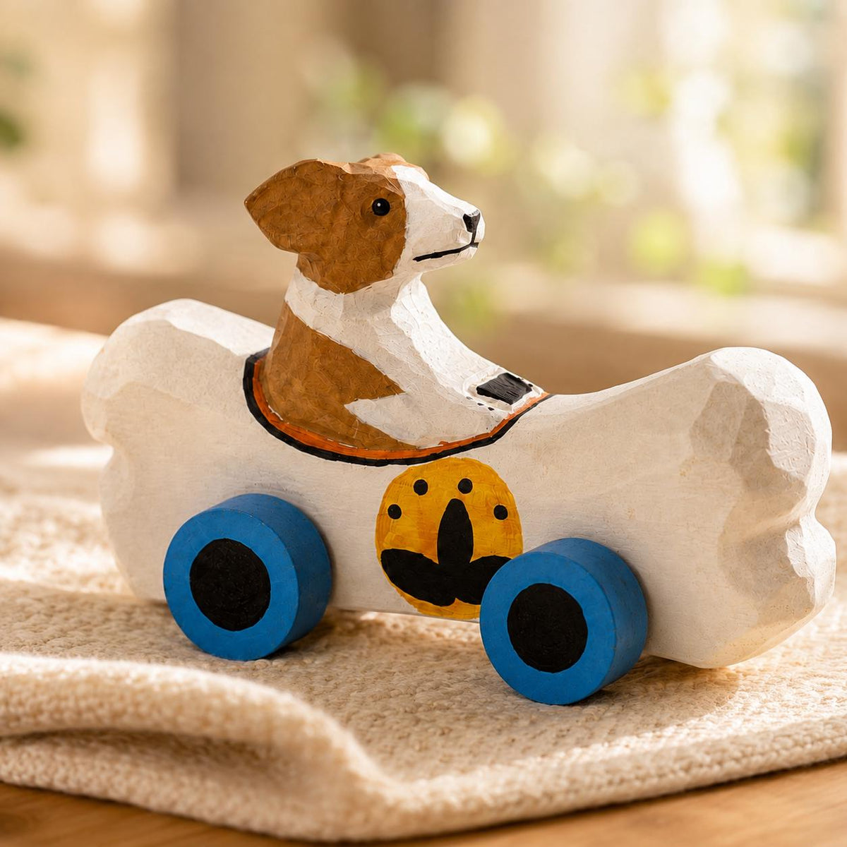 Whimsical Wooden Dog in Bone Car, Hand Carved Animal Figurine, Rustic Nursery Decor, Wood Craft Art, Unique Gift for Dog Lover