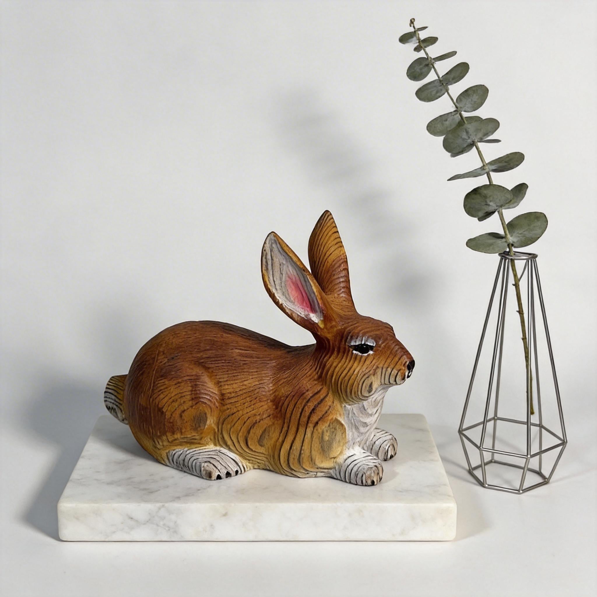 Hand-Carved Wood Rabbit Figurine, Hand-Painted Woodland Bunny Sculpture, Rustic Nursery Decor
