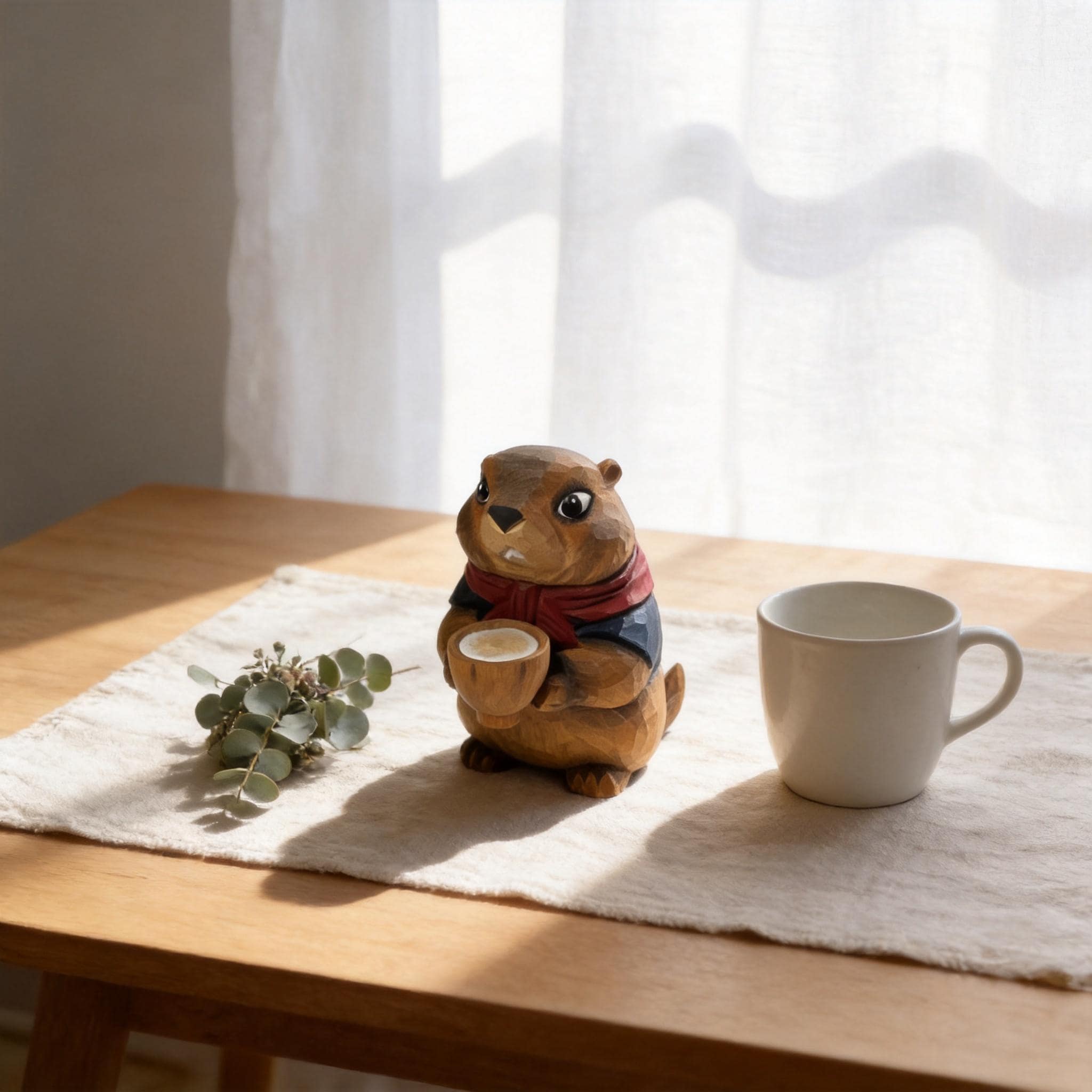 Whimsical Hand-Carved Wooden Groundhog Figurine, Cute Woodchuck Holding Bowl Decor, Cozy Woodland Animal Desk Pet, Nature Lover Gift