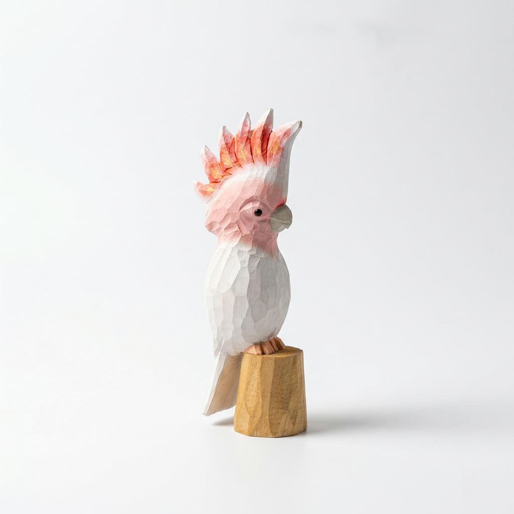 Hand-Carved Wooden Galah Cockatoo Figurine, Whimsical Pink Parrot Statue, Tropical Bird Lover Gift, Unique Nursery Decor