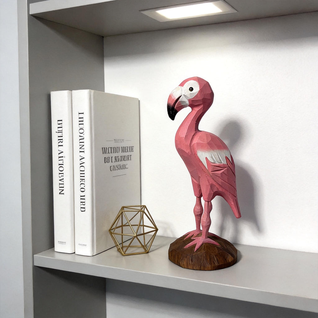 Whimsical Pink Flamingo Wood Carving Geometric Animal Sculpture Tropical Decor Hand Carved Bird Figurine Unique Gift for Bird Lover