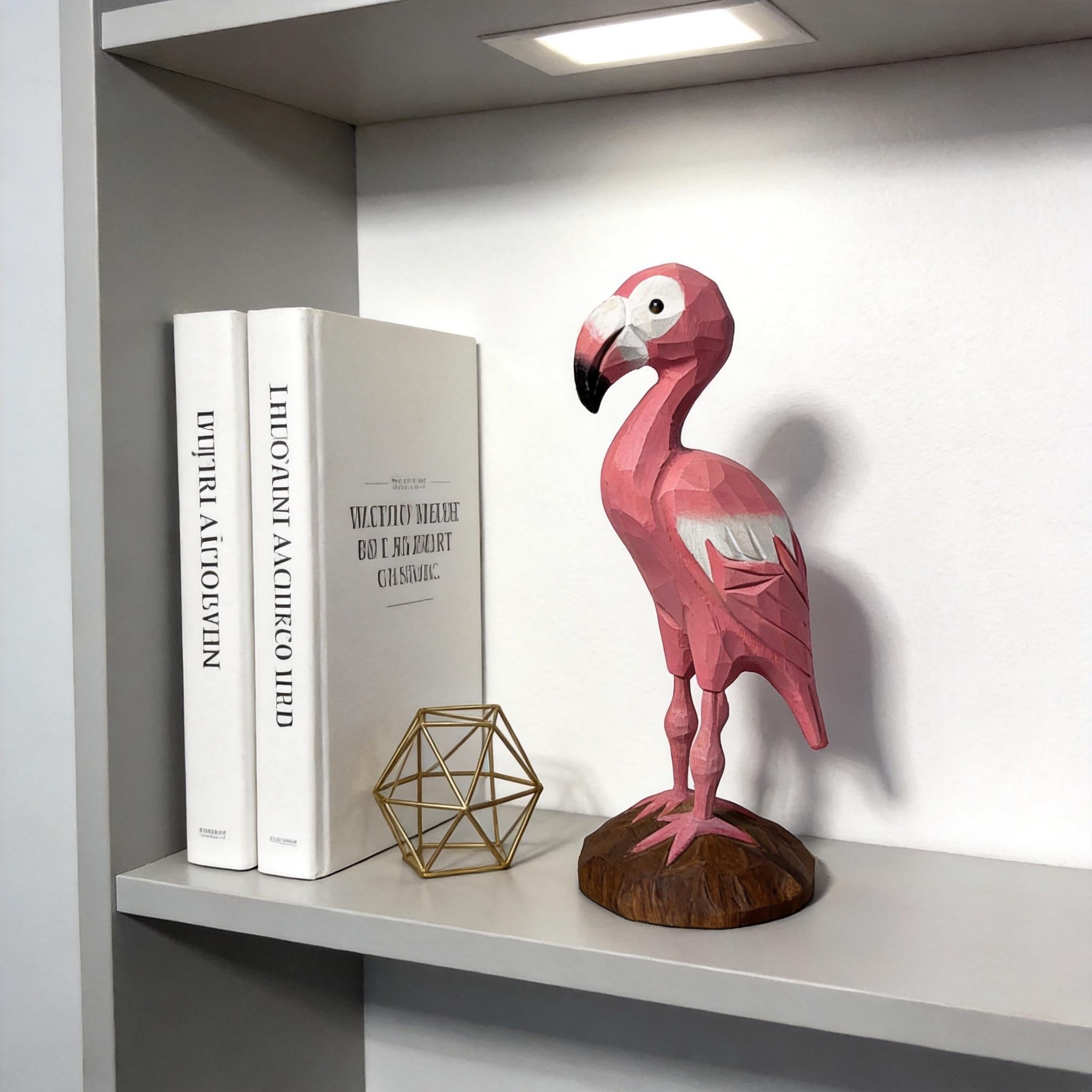 Whimsical Pink Flamingo Wood Carving Geometric Animal Sculpture Tropical Decor Hand Carved Bird Figurine Unique Gift for Bird Lover