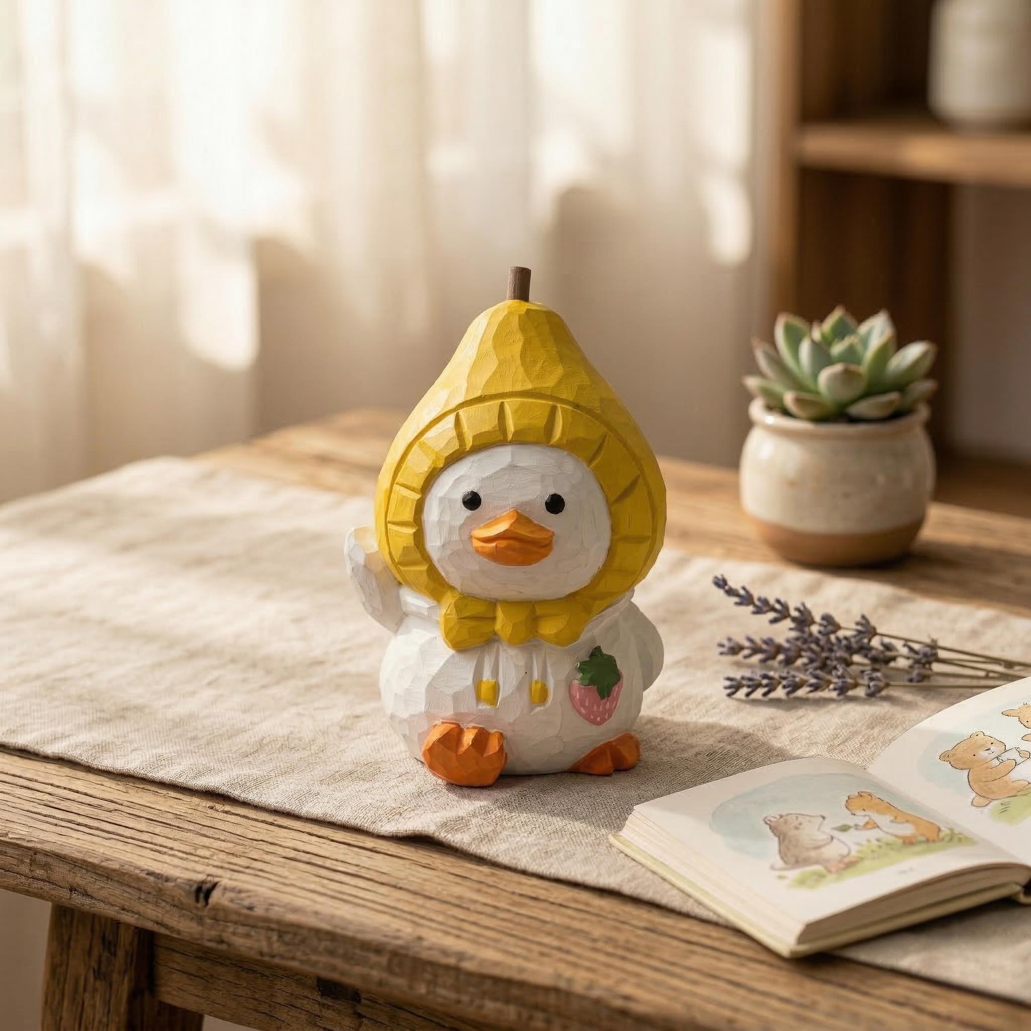 Whimsical Hand-Carved Wooden Duckling in Pear Hat Figurine - Cute Fruit Animal Wood Carving - Housewarming Gift for Duck Lovers
