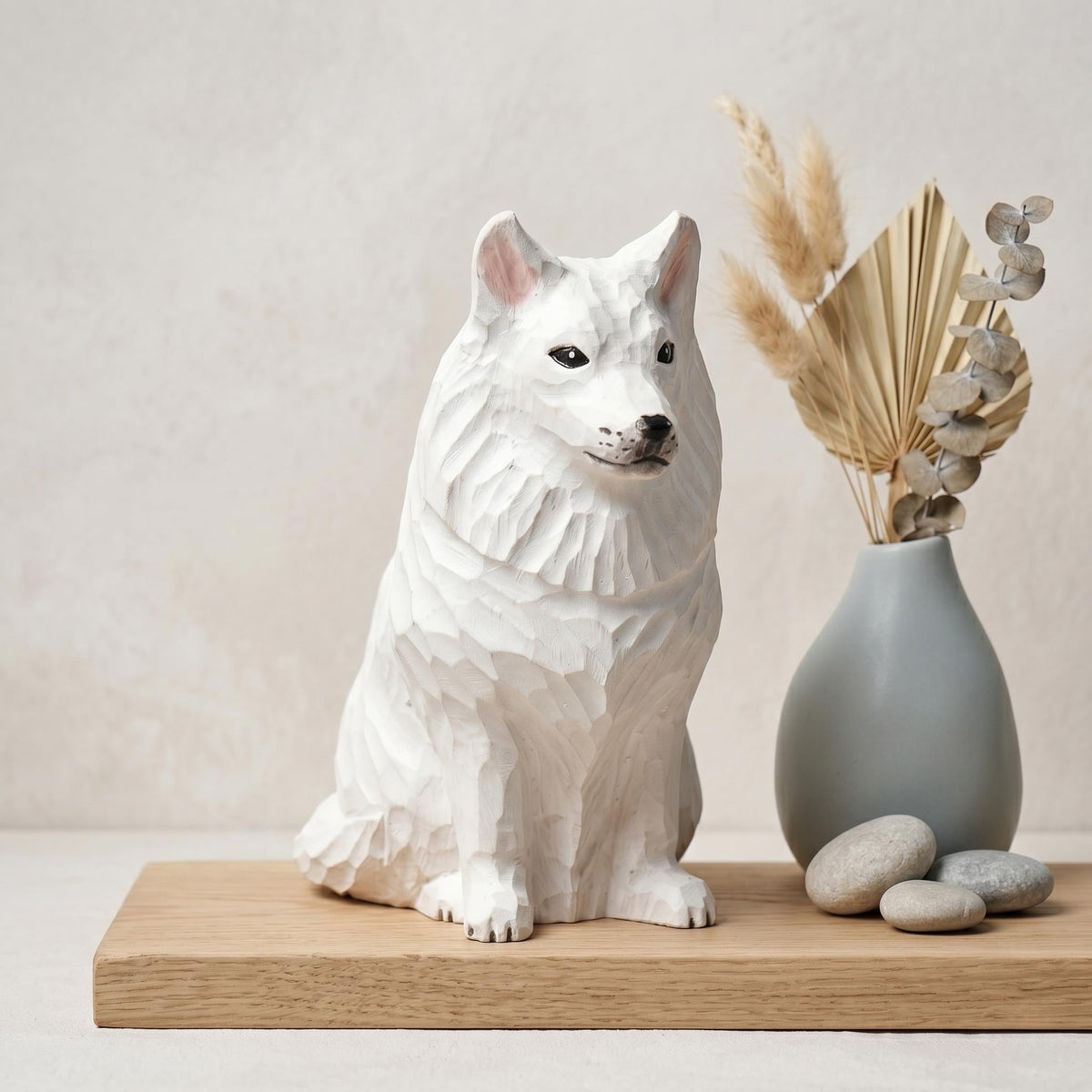 Sweet Hand Carved Wooden Samoyed Dog, Minimalist White Pet Figurine, Rustic Animal Art Sculpture, Thoughtful Dog Lover Gift Memorial