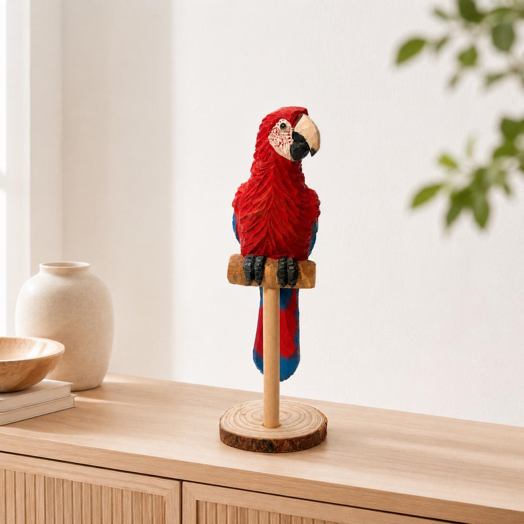 Vibrant Scarlet Macaw Wood Carving Tropical Bird Decor Wooden Parrot Figurine Unique Gift for Bird Lover