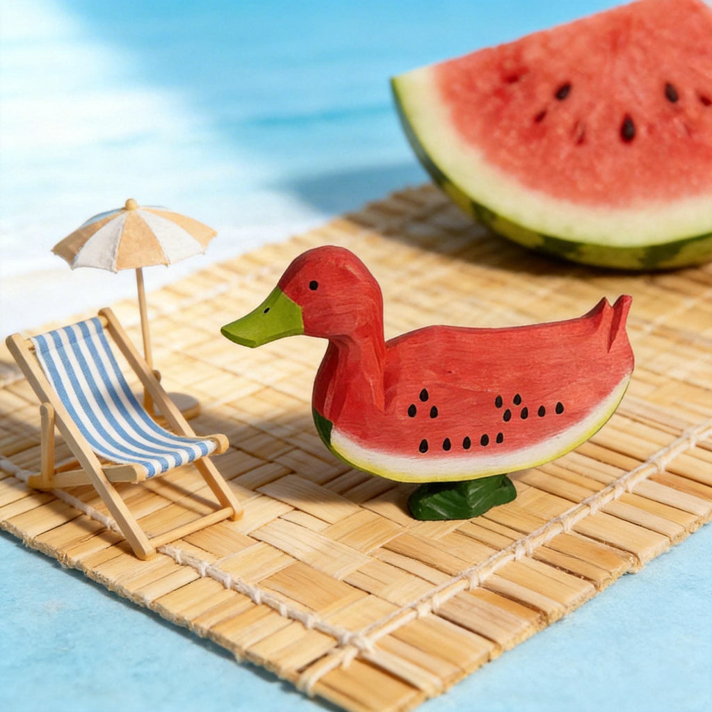 Whimsical Wooden Watermelon Duck Figurine | Hand Carved Wood Bird Sculpture | Summer Tropical Decor | Unique Gift for Animal Lovers