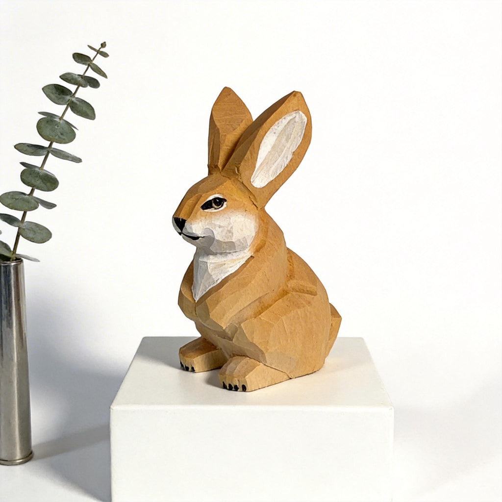 Hand Carved Wooden Bunny Figurine, Geometric Woodland Animal Statue, Minimalist Decor