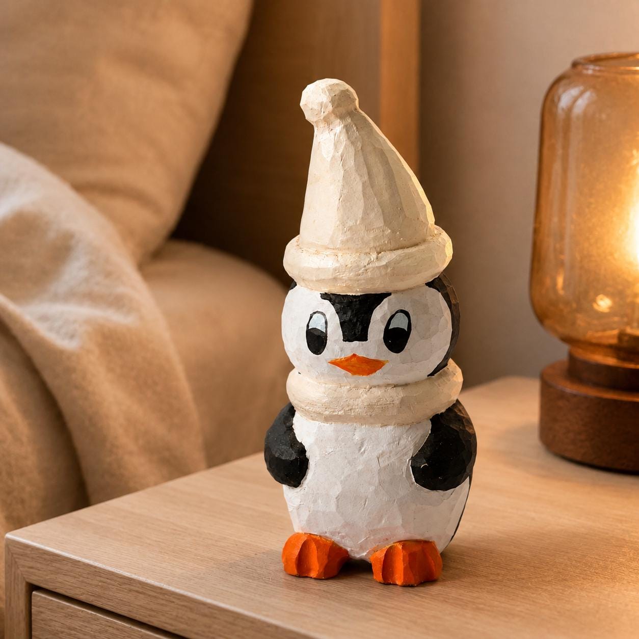 Cozy Hand Carved Wood Penguin Figurine Rustic Winter Animal Decor Wooden Woodland Art Cute Christmas Nursery Gift for Kids