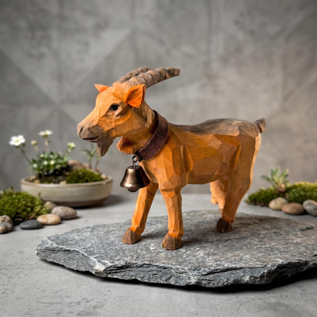 Whimsical Wooden Goat Carving with Bell Rustic Farmhouse Animal Decor Alpine Figurine Unique Birthday Gift
