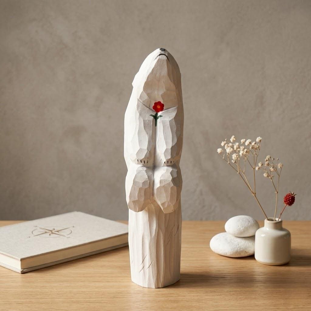 Whimsical Wooden Polar Bear Figurine Hand Carved Animal Statue With Red Flower Romantic Anniversary Gift For Nature Lovers
