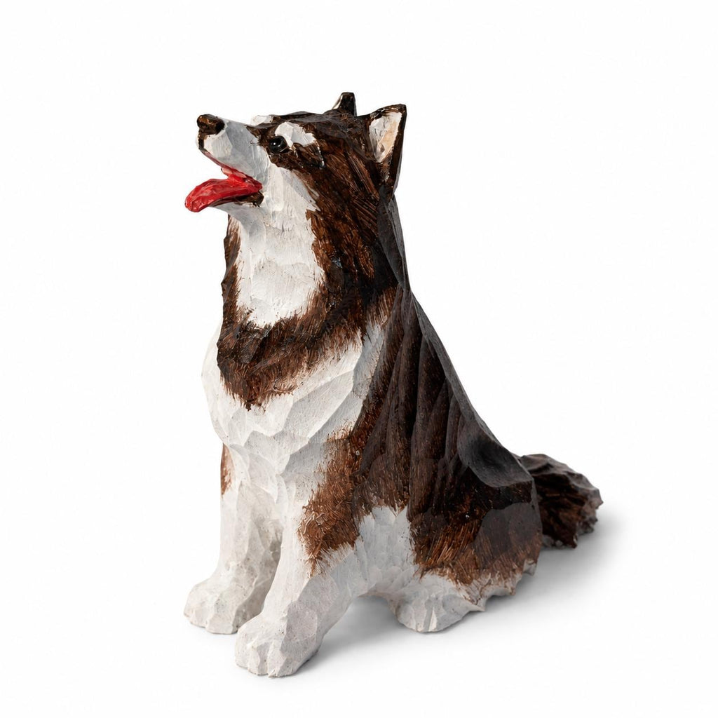 Cheerful Wooden Husky Figurine Hand Carved Dog Statue Rustic Pet Memorial Desk Decor Dog Lover Gift