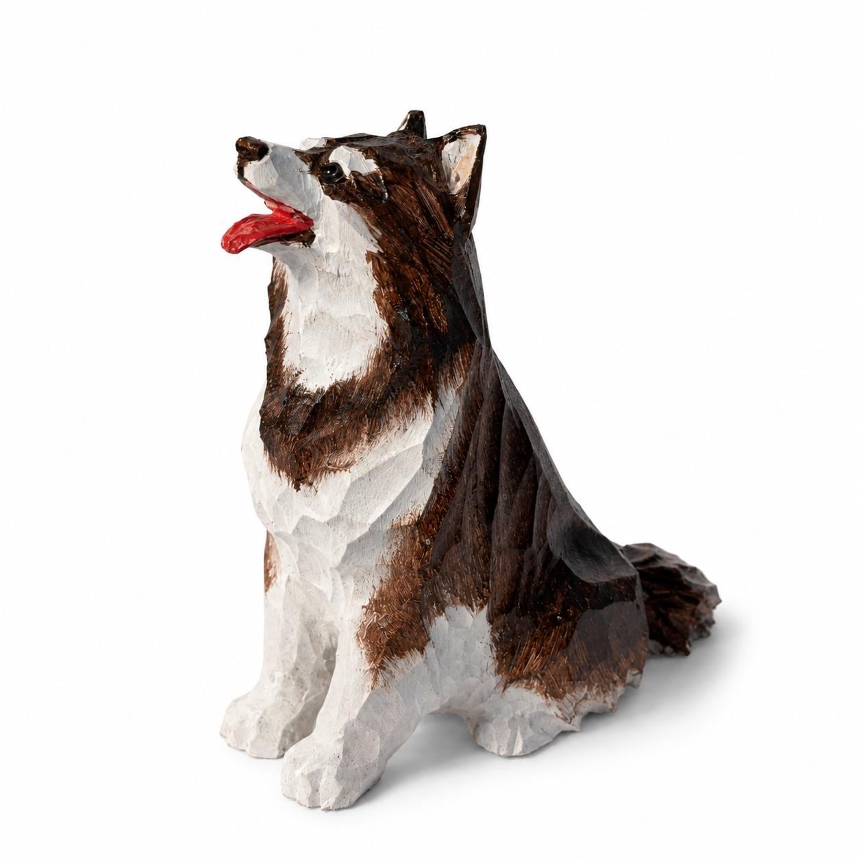 Cheerful Wooden Husky Figurine Hand Carved Dog Statue Rustic Pet Memorial Desk Decor Dog Lover Gift
