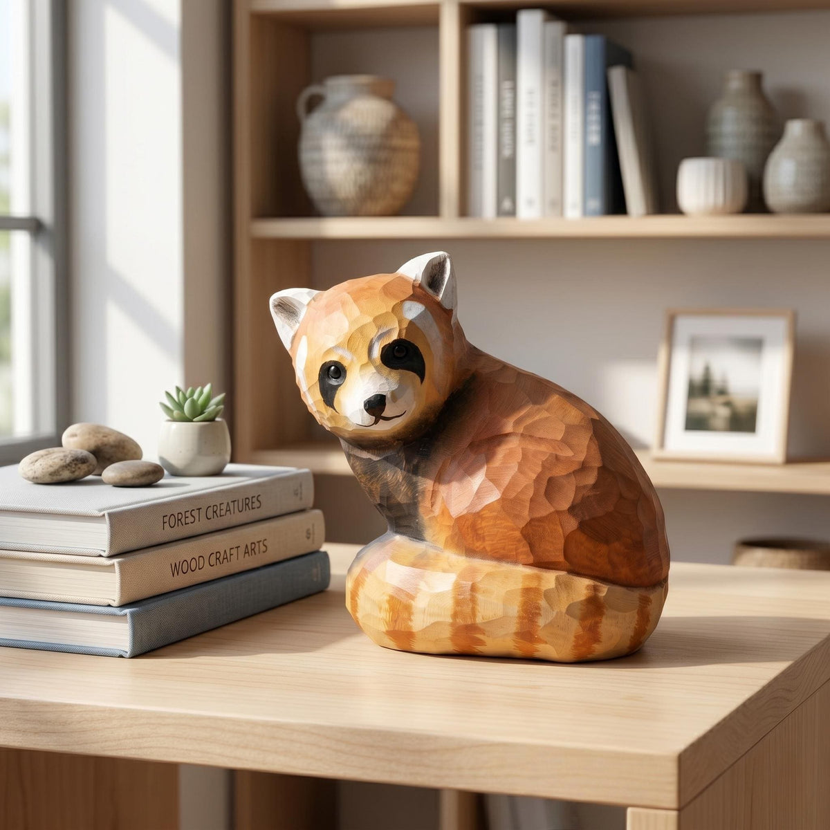 Whimsical Hand Carved Wooden Red Panda Figurine, Rustic Woodland Animal Decor, Cute Red Panda Lover Gift, Unique Wood Art Shelf Sitter