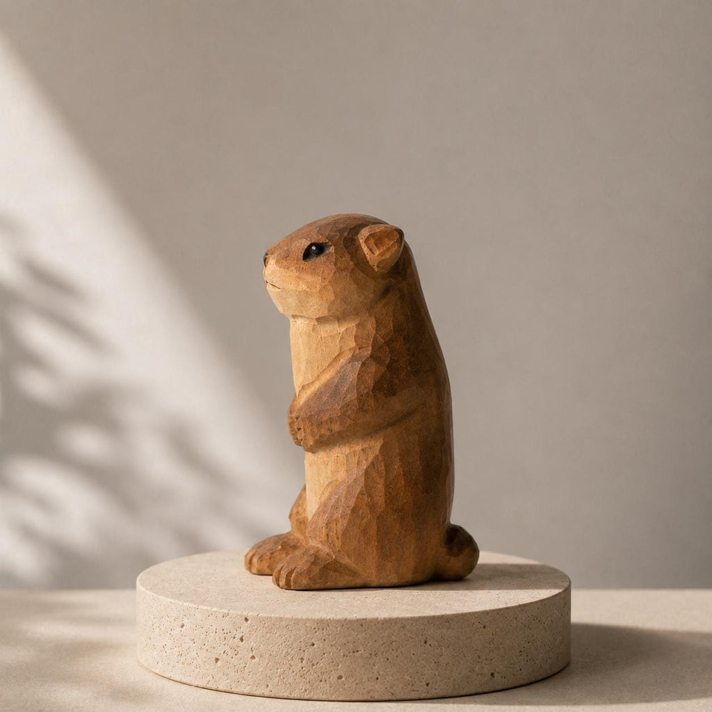 Whimsical Wooden Groundhog Statue Hand Carved Animal Figurine Woodland Nursery Decor Cute Wood Marmot Gift for Nature Lover
