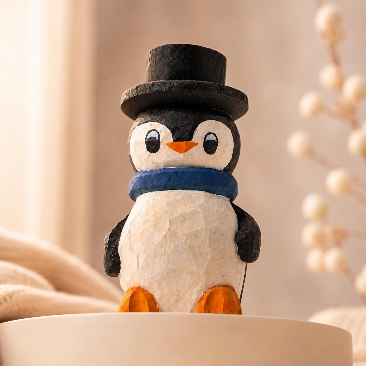 Whimsical Wooden Penguin Figurine, Hand Carved Bird, Top Hat Winter Decor, Rustic Wood Animal, Cute Christmas Gift