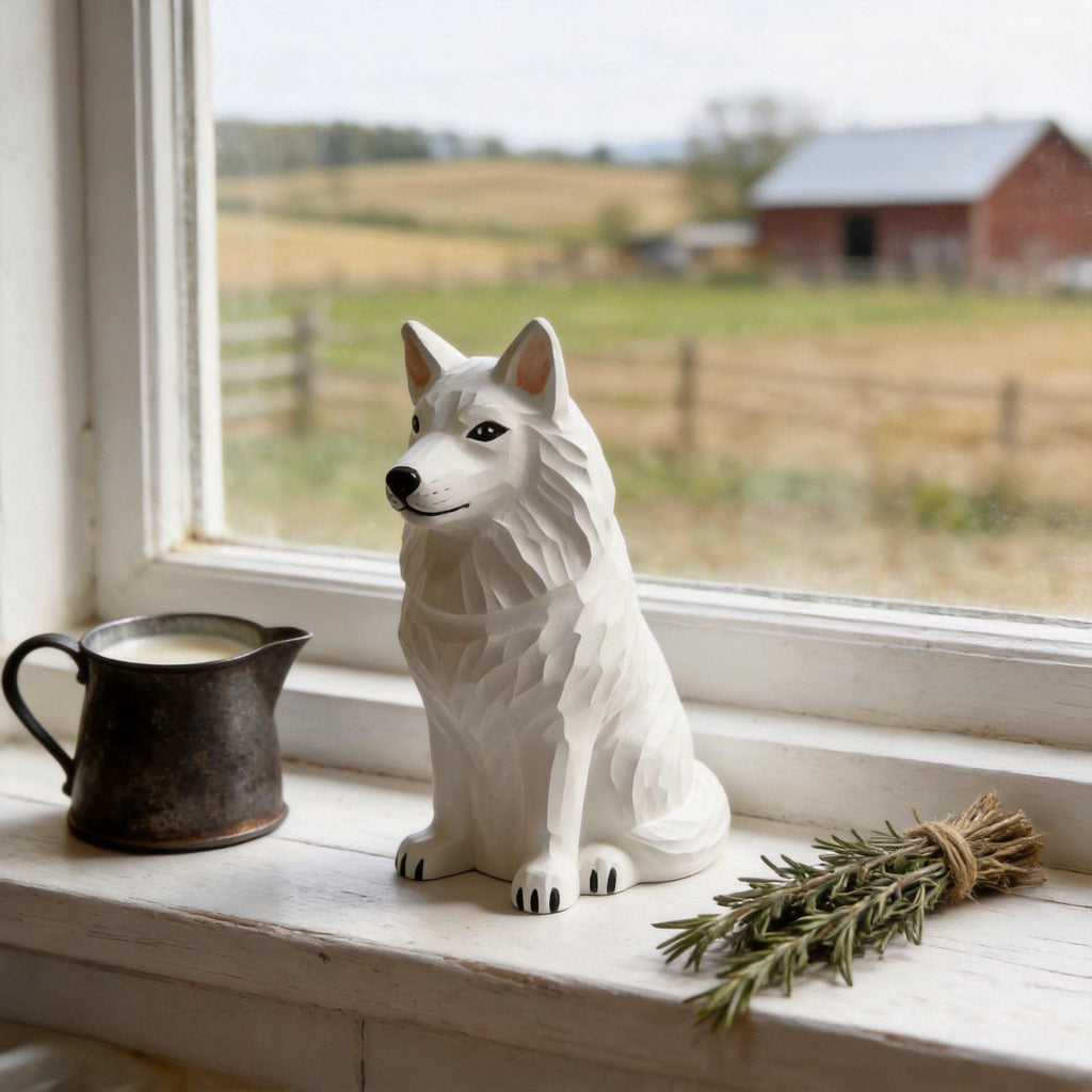Hand Carved Wooden White Dog Figurine | Rustic Farmhouse Decor | White Shepherd Sculpture | Unique Woodland Animal Lover Gift