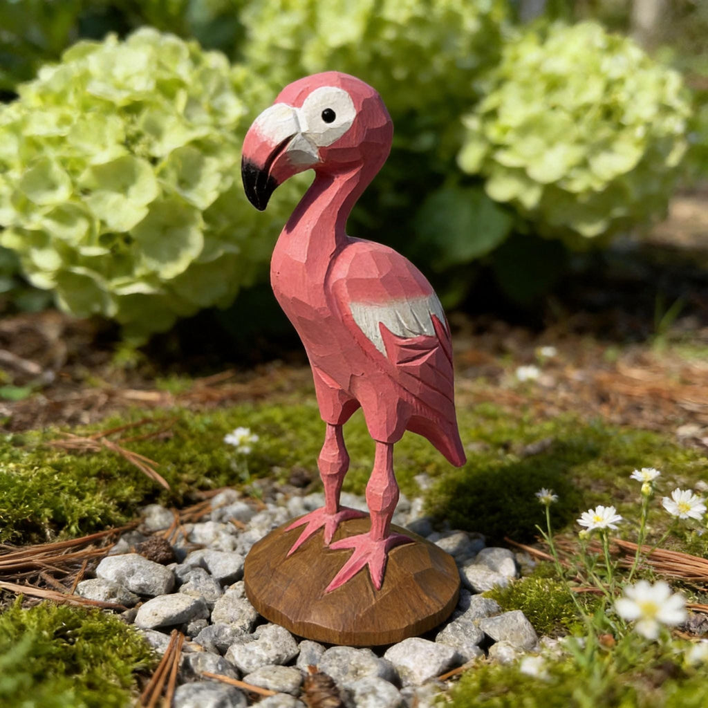 Whimsical Pink Flamingo Wood Carving Geometric Animal Sculpture Tropical Decor Hand Carved Bird Figurine Unique Gift for Bird Lover