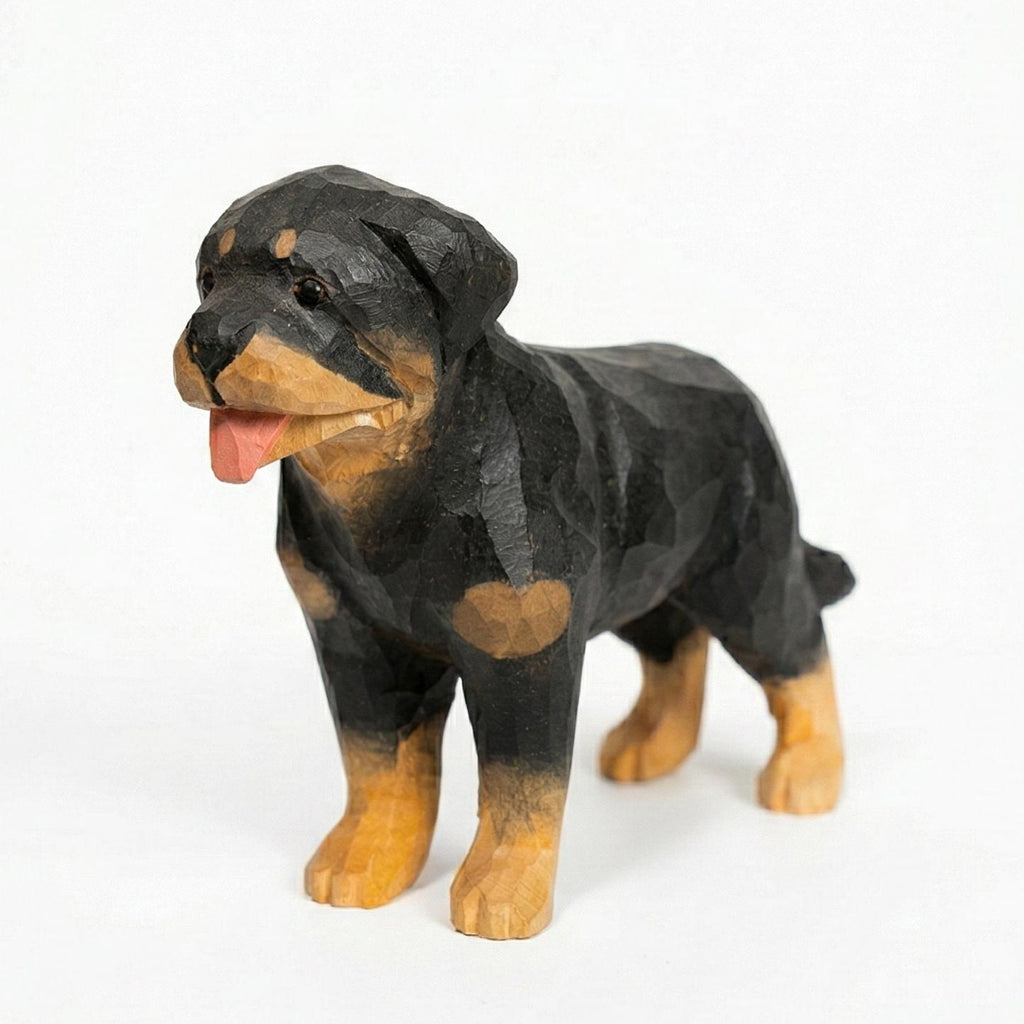 Hand-Carved Wooden Rottweiler Figurine – Realistic Hand-Painted Dog Sculpture