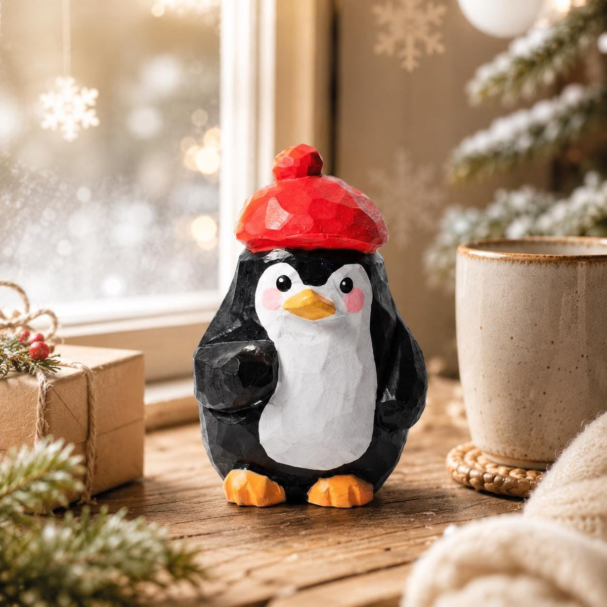 Whimsical Wooden Penguin Figurine in Red Beret, Hand Carved Bird Statue, Cute Desk Decor, Winter Animal Art, Unique Gift for Bird Lover