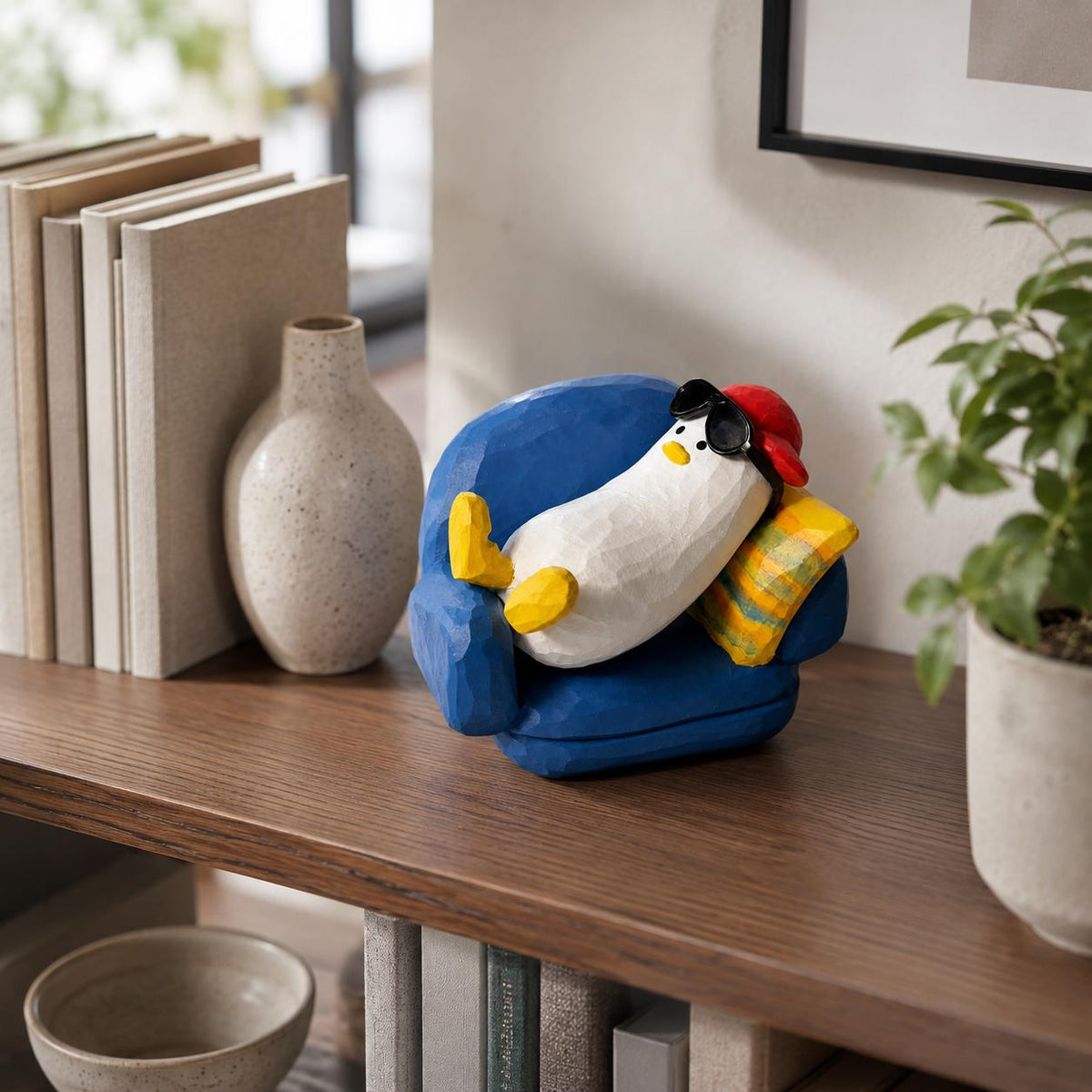 Funny Wooden Duck in Armchair Figurine, Hand Carved Chill Bird Decor, Whimsical Desk Accessory, Unique Gift for Coworker or Friend
