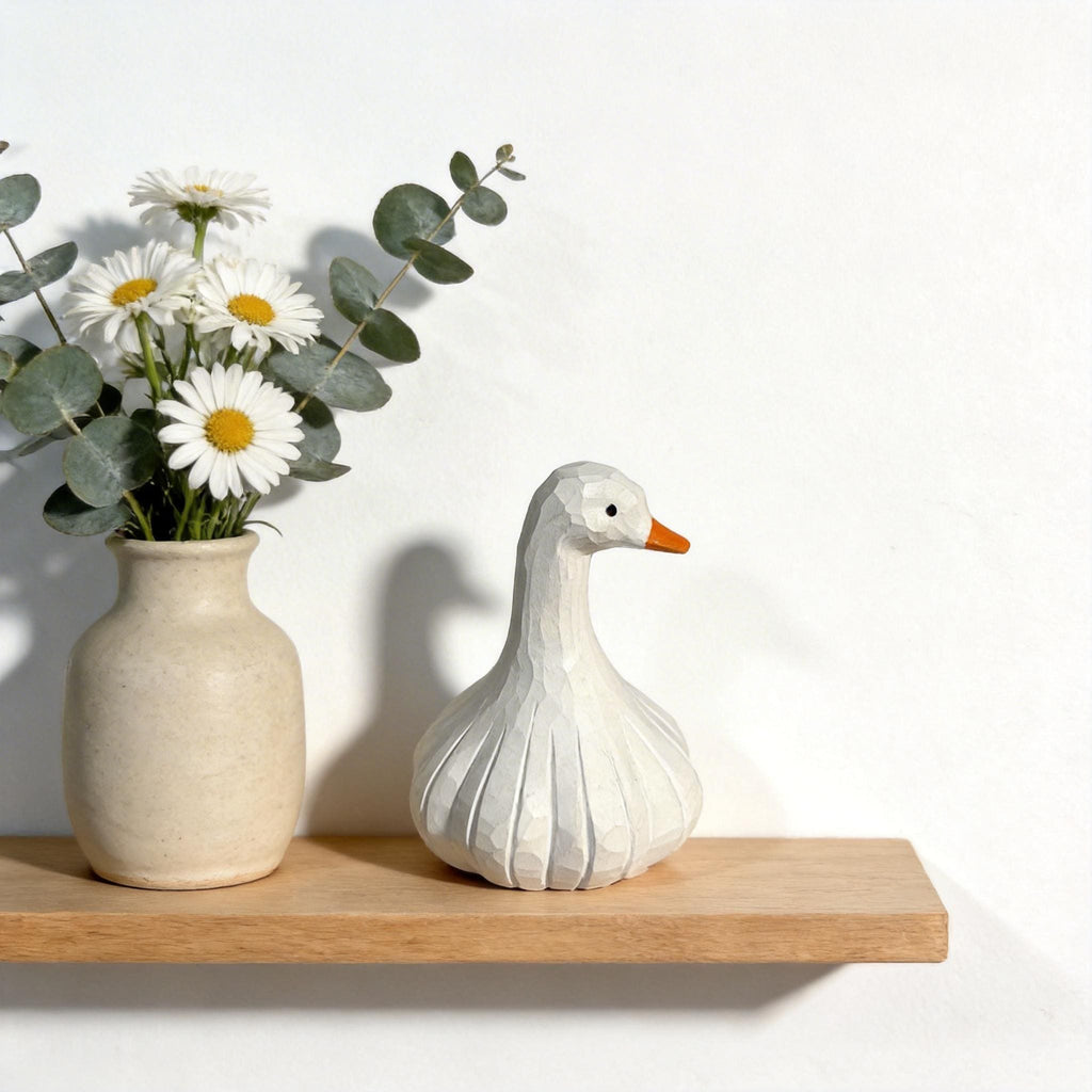 Whimsical Hand-Carved Wooden Goose Figurine, Rustic White Bird Sculpture, Farmhouse Kitchen Decor, Quirky Garlic Goose Art