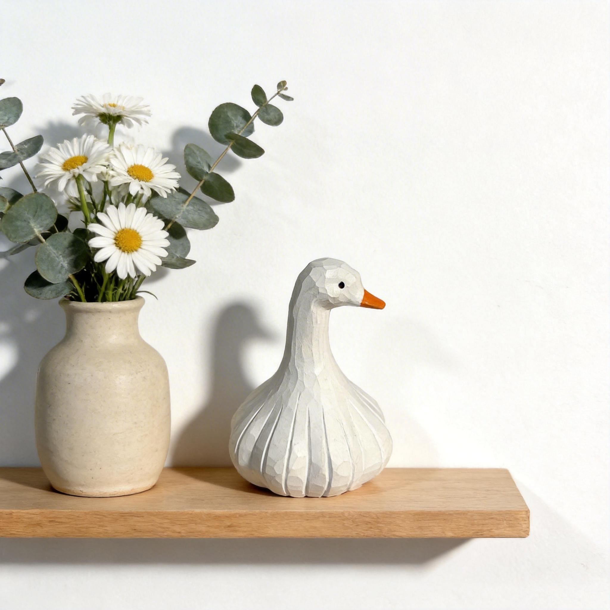 Whimsical Hand-Carved Wooden Goose Figurine, Rustic White Bird Sculpture, Farmhouse Kitchen Decor, Quirky Garlic Goose Art