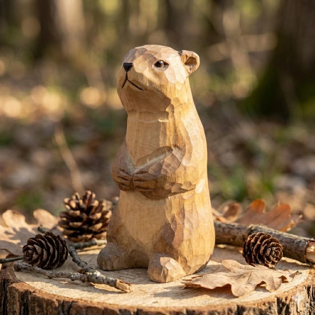 Handmade Wooden Groundhog Figurine, Marmot Statue, Rustic Woodland Decor, Whimsical Prairie Art, Cabin Ornament